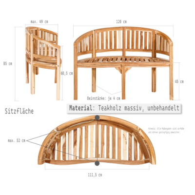 Teaková lavica do záhrady, oblý sedák,120 cm, prírodné drevo