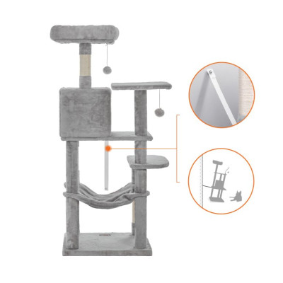Škrabadlo pre mačky s domčekom a hojdacou sieťou, svetlošedé