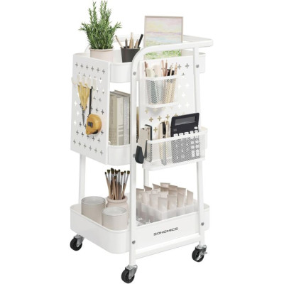 Kovový mobilný regál s háčikmi a dierovanými doskami, biely
