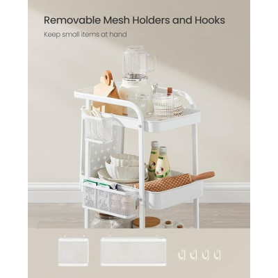 Kovový mobilný regál s háčikmi a dierovanými doskami, biely