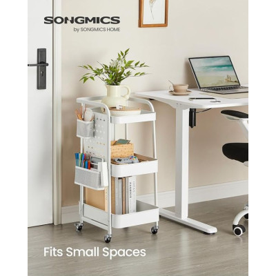 Kovový mobilný regál s háčikmi a dierovanými doskami, biely