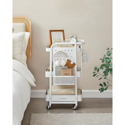 Kovový mobilný regál s háčikmi a dierovanými doskami, biely