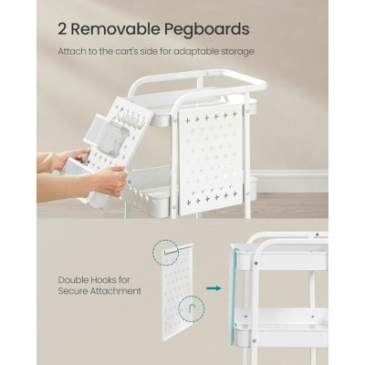 Kovový mobilný regál s háčikmi a dierovanými doskami, biely