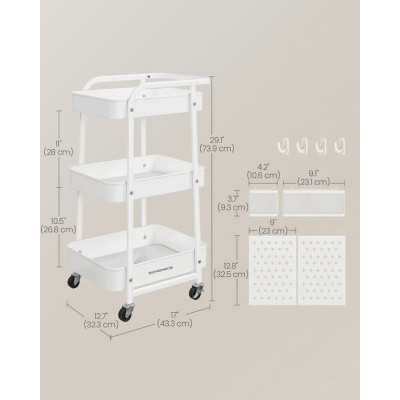 Kovový mobilný regál s háčikmi a dierovanými doskami, biely