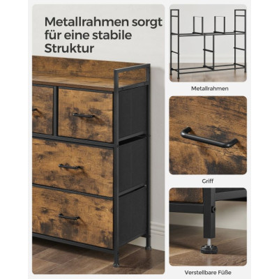 Rustikálna komoda s kovovým rámom, 7 zásuviek, čierna/hnedá