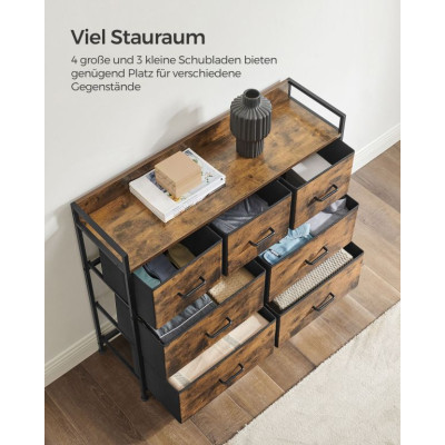 Rustikálna komoda s kovovým rámom, 7 zásuviek, čierna/hnedá