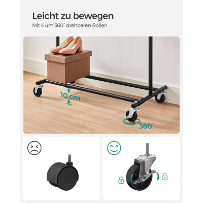 Oceľový vešiak na odevy na kolieskach, rozťahovateľný, 90 kg