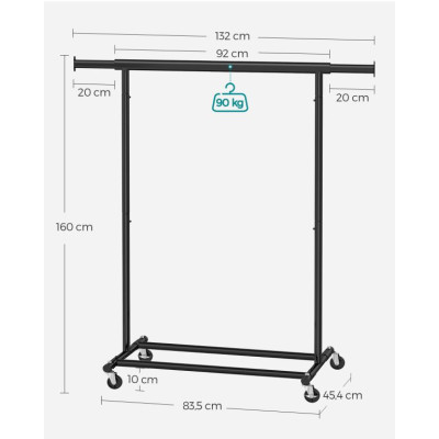 Oceľový vešiak na odevy na kolieskach, rozťahovateľný, 90 kg
