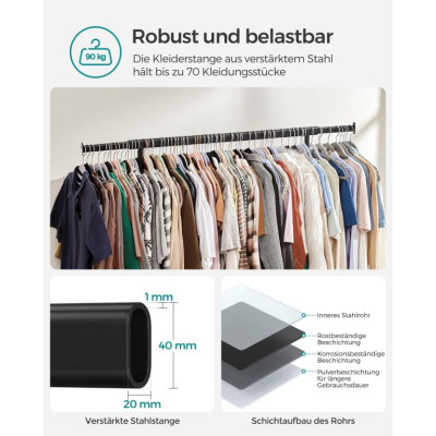 Oceľový vešiak na odevy na kolieskach, rozťahovateľný, 90 kg