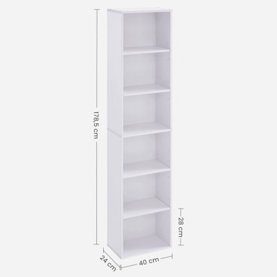 Úzka biela knižnica, 6 políc, 40 x 24 x 178,5 cm