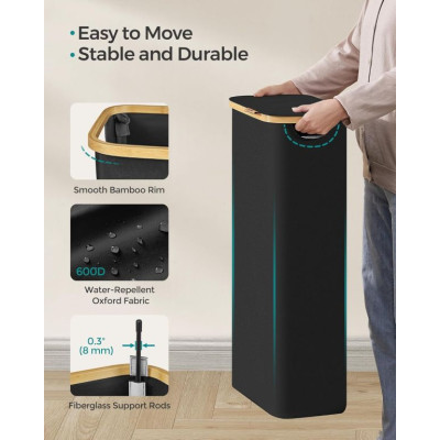 Úzky košík na bielizeň 65 l, čierny, bambusový okraj