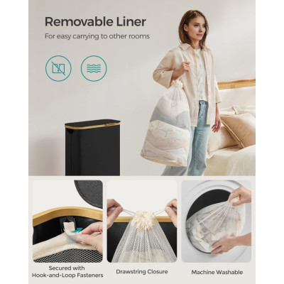 Úzky košík na bielizeň 65 l, čierny, bambusový okraj