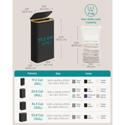 Úzky košík na bielizeň 65 l, čierny, bambusový okraj