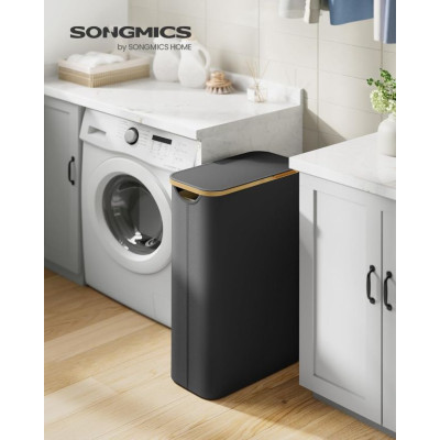 Úzky košík na bielizeň 65 l, čierny, bambusový okraj