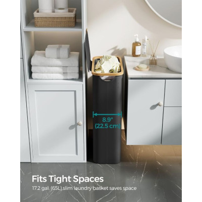 Úzky košík na bielizeň 65 l, čierny, bambusový okraj