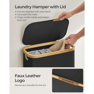 Úzky košík na bielizeň 65 l, čierny, bambusový okraj