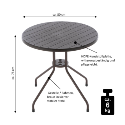 Okrúhly bistro stôl 80 cm – hnedý, oceľ a plast
