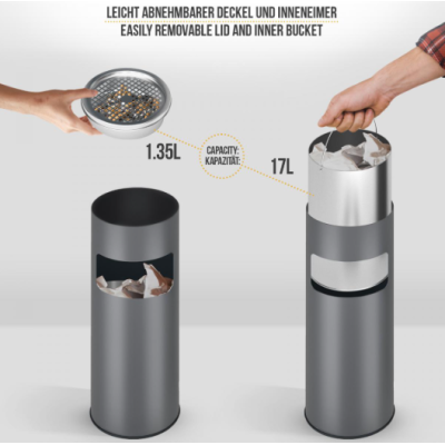 Popolník s odpadkovým košom, nerez, 17 l, antracitový