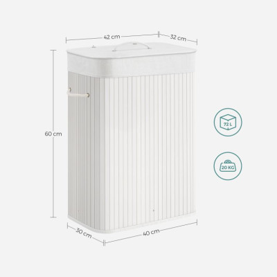 Bambusový kôš na bielizeň s vekom 72 l, biely, 40×30×60 cm