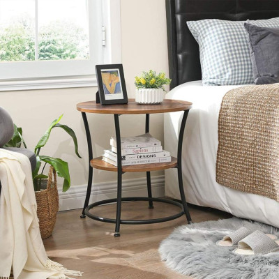 Okrúhly stolík s policou, rustikálna hnedá, kovový rám, 55cm