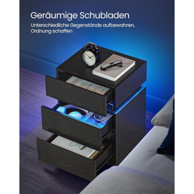 Nočný stolík s LED osvetlením, 3 zásuvkami, čierny