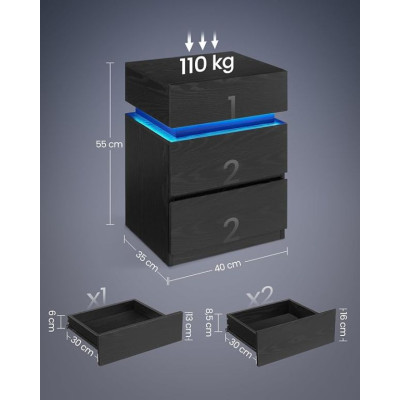 Nočný stolík s LED osvetlením, 3 zásuvkami, čierny