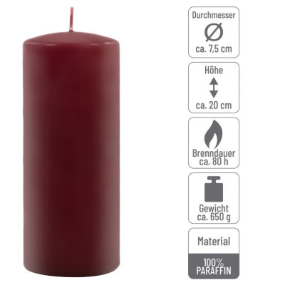 Sada sloupových svíček, 20 cm, Ø 7,5 cm, vínová, 2 ks