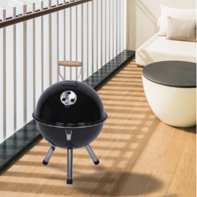 Mini gril na drevené uhlie s kanvicou, čierny okrúhly