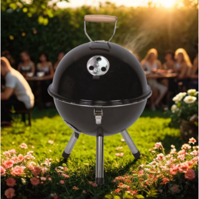 Mini gril na drevené uhlie s kanvicou, čierny okrúhly