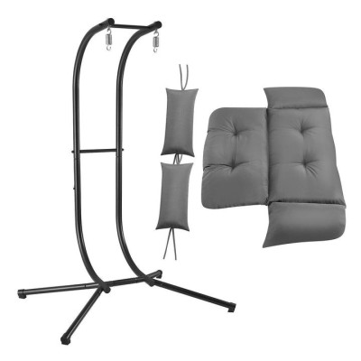 Závesné kreslo pre dvoch, sivé, s vankúšmi a podstavcom