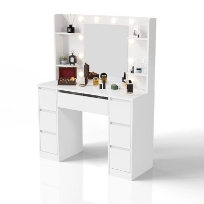 Toaletný stolík s LED zrkadlom a 7 zásuvkami, biely
