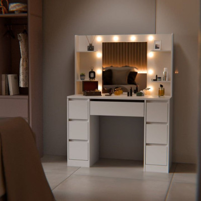 Toaletný stolík s LED zrkadlom a 7 zásuvkami, biely