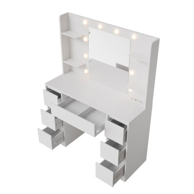 Toaletný stolík s LED zrkadlom a 7 zásuvkami, biely