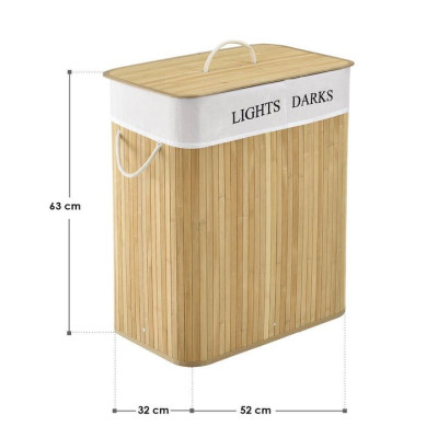 Bambusový košík na bielizeň 100 l, 2 priehradky, prírodný