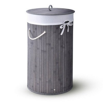 Kruhový bambusový košík na bielizeň, 55 l, s vekom a vreckom