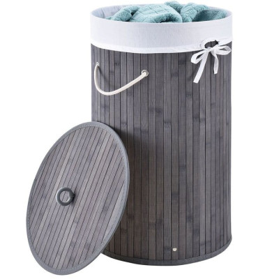 Kruhový bambusový košík na bielizeň, 55 l, s vekom a vreckom