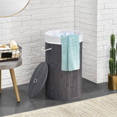 Kruhový bambusový košík na bielizeň, 55 l, s vekom a vreckom