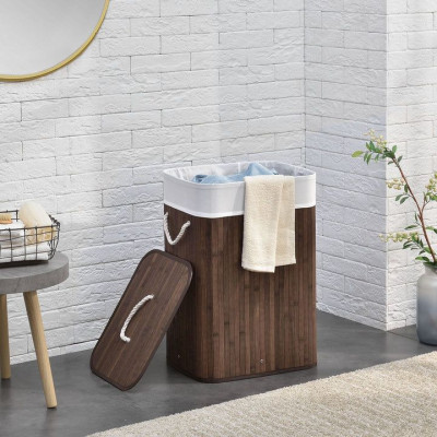 Bambusový košík na bielizeň 72 l s vekom a vreckom, hnedý