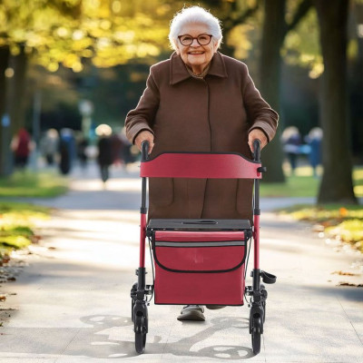 Ľahký hliníkový chodítko s taškou a sedadlom, červené