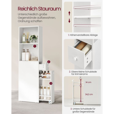 Úzka kúpeľňová skrinka so zásuvkami a nastaviteľnou policou