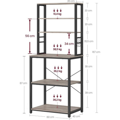 Kuchynský regál 6 políc, rustikálne drevo/čierna, 60×40×167