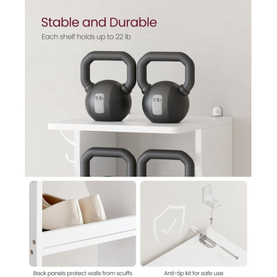 Biela rohová botník s háčikmi, 7 políc, 26,4 x 30 x 110,4 cm