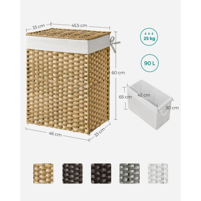 Pletený košík na bielizeň s vekom a vyberateľnou vložkou,90l