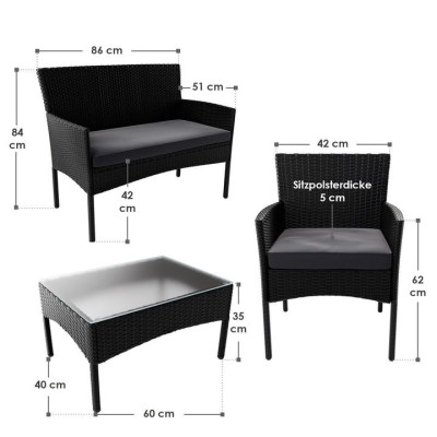 Záhradný set pre 4 osoby, kreslá a stôl, čierny ratan
