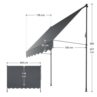 Balkónová markíza 250x120 cm, sivá, výškovo nastaviteľná