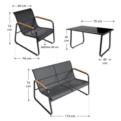 Moderný záhradný set, 2 kreslá, lavice a stôl, antracit