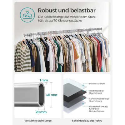 Strieborný šatníkový stojan na kolieskach, výsuvný, nosnosť