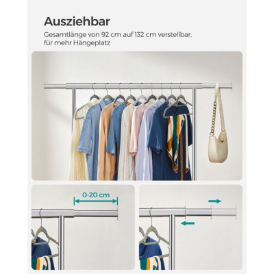 Strieborný šatníkový stojan na kolieskach, výsuvný, nosnosť