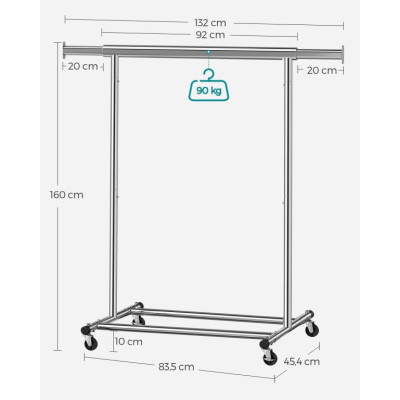 Strieborný šatníkový stojan na kolieskach, výsuvný, nosnosť