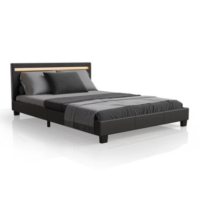 Moderná čierna čalúnená posteľ 140x200 s LED a roštom